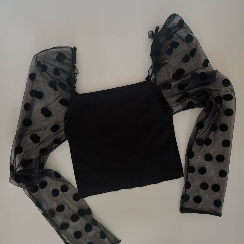 Black Mesh Polka Dot Puff Sleeve Top – Sheer Sleeves / Square Neck